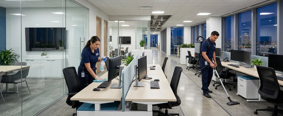 Cleaning staff vacuuming and wiping desks in a modern office during recurring cleaning service