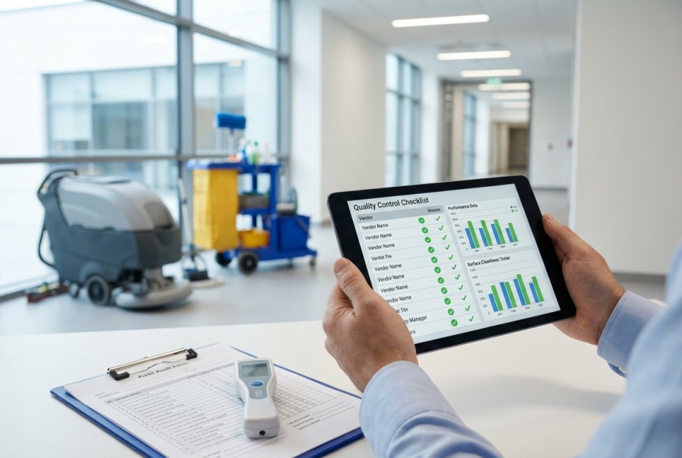 Facility manager reviews vendor quality checklist on a tablet beside cleaning equipment in a bright hallway.