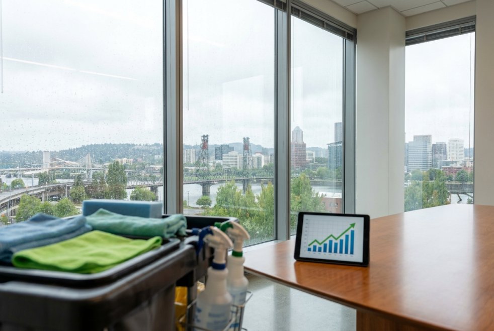 Cleaning supplies and growth chart tablet in a modern Portland office overlooking the city skyline