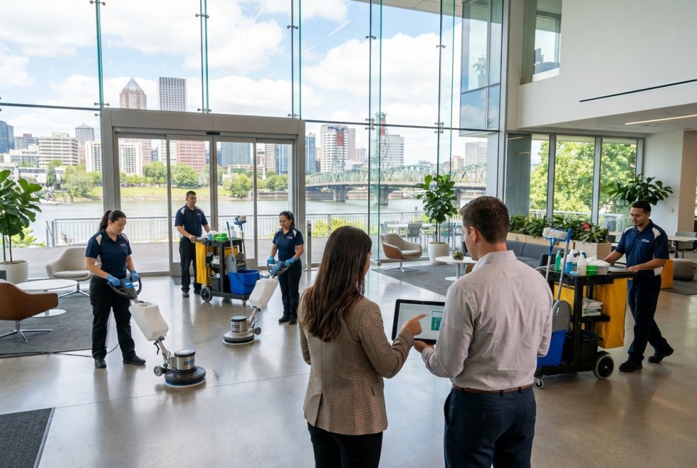 Facility management team cleaning a modern office lobby with skyline views and supervisors reviewing operations