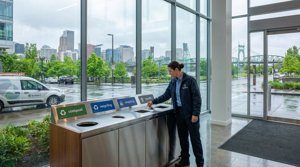 Commercial cleaning worker sorting waste into compost, recycling and landfill bins in a Portland office lobby
