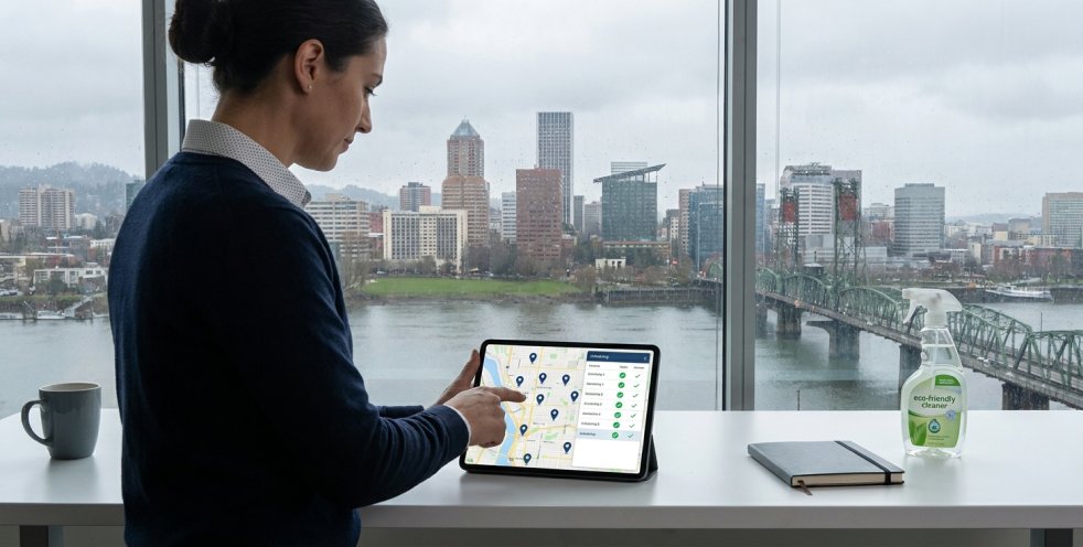 Woman using a tablet to manage a multi-site cleaning schedule with Portland skyline and bridge behind her