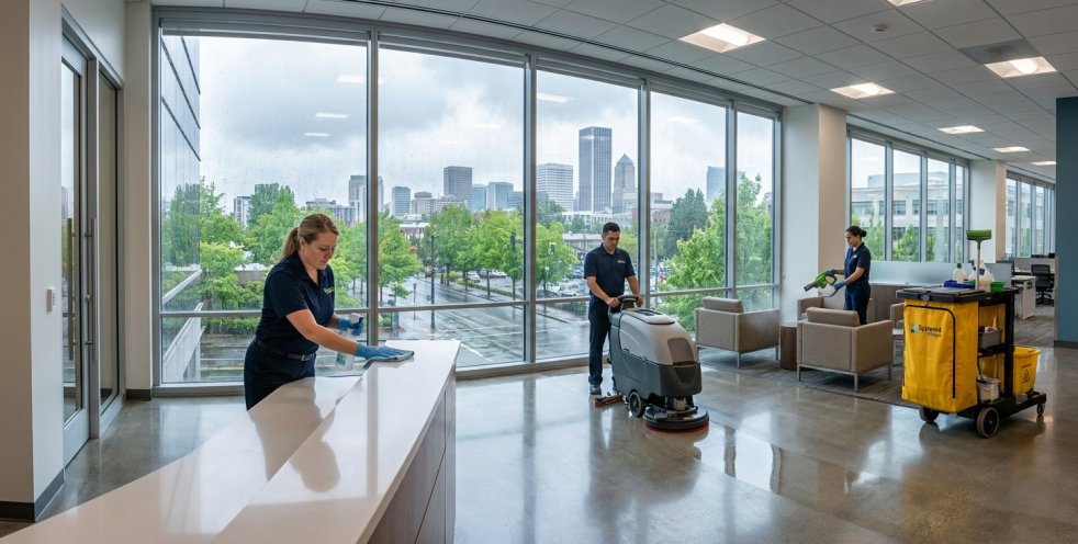 Commercial cleaners resetting a Portland office lobby with windows overlooking the downtown skyline