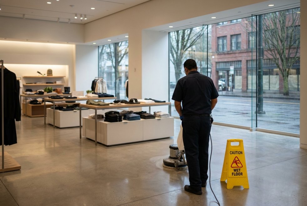Janitor cleans a retail clothing store floor with a wet floor caution sign near the entrance