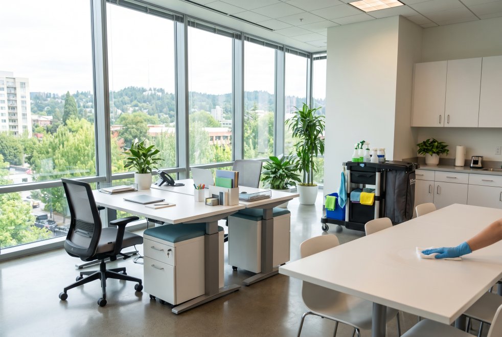 Commercial cleaner sanitizing a bright Portland office with desks, plants, large windows, and professional cleaning equipment